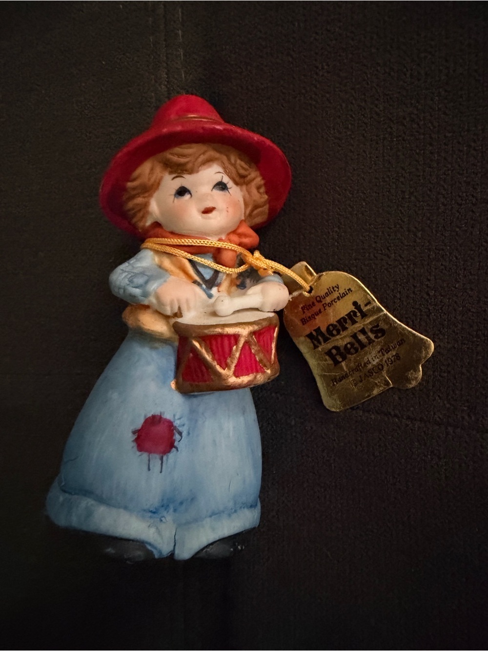 Merri Bells Drummer Girl Porcelain Ornament - Red Hat, Light Blue Dress